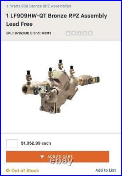 1 Watts LF909-QT RPZ Bronze Backflow Preventer Pressure Reducer Assembly