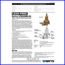 Watts LF25AUB-Z3 3/4 Lead Free Water Pressure Reducing Valve 3/4 in
